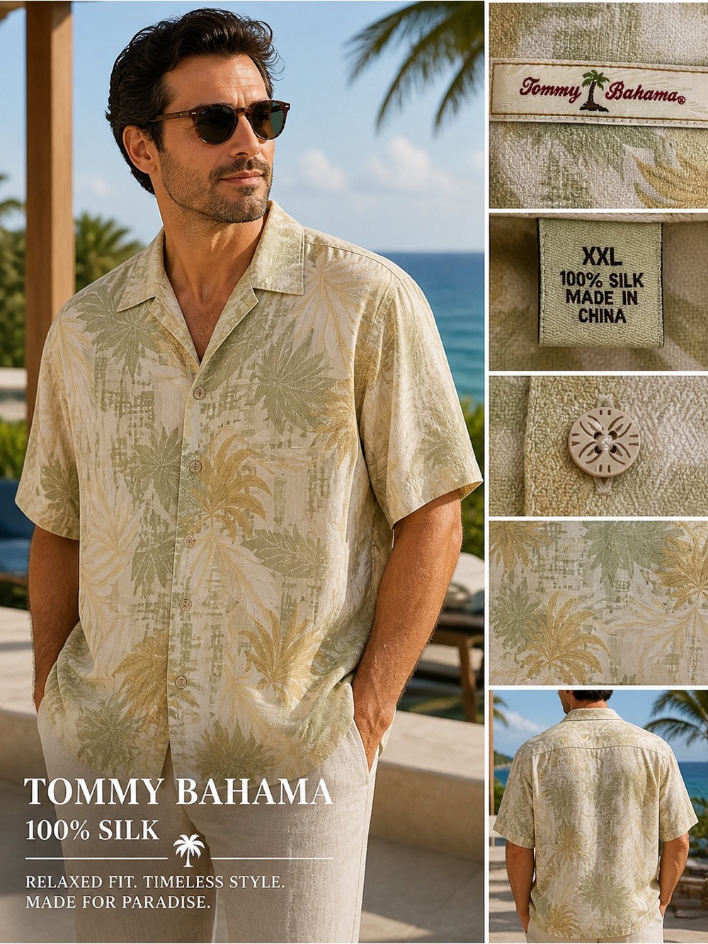 Tommy Bahama 100% Silk Hawaiian Shirt XXL Beige Palm Print Camp Aloha Button Up